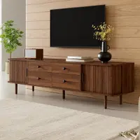 OKWISH Moderne TV-kast met 4 lades en afgeronde randen, TV-dressoir met schuifdeuren, geschikt voor de woonkamer, notenhout