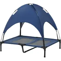 PawHut huisdierenbed met luifel, verhoogd hondenbed, buiten gebruik, blauw