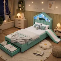STILVORA kinderbed 90x200 cm met glijbaan en LED-verlichting, hemelbed met laadpoort en plankje aan het hoofdeinde, bed met beklede zijkanten en grote opbergruimte