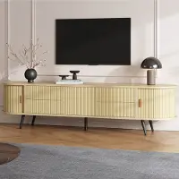 OKWISH TV-meubel met 4 lades en een rolluikdeur, TV-standaard met ovaal ontwerp, geschikt voor televisies tot 80 inch, met verticale strepen, natuurlijke uitstraling