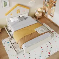 STILVORA Kinderbed 140x200 cm met 4 lades, huisbed met opbergruimte en hoofdeinde, gestoffeerd bed met Franse fluweel, beige