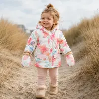 Ducksday - winterjas voor baby - waterdicht - lightgewicht - fleece - afneembare wantjes - - Gebloemd - Bliss - maat 86 - valt zeer ruim