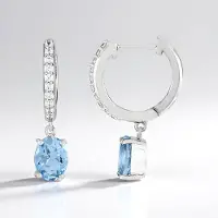 Cavill - Elegante Ovale Zilveren Oorbellen met 1,803 ct Braziliaanse Aquamarijn en 0,421 ct Zirkonia - 925 Sterling Zilver Platina - Lichtblauw 25 mm