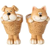 J-Line decoratie Hond + Kat in pot - magnesium - caramel - 2 stuks