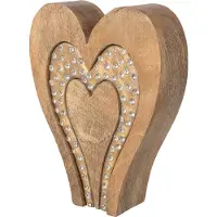 J-Line Hart met strass - mangohout - naturel/goud - small - set van 2