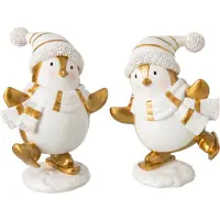 J-Line figuur Pinguïn Sjaal + Hoed - polyresin - wit/goud - large - 2 stuks