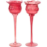J-Line Tulpvormig windlicht op voet - glas - fuchsia - large - assortiment van 2