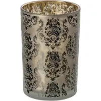 J-Line Windlicht met bloemen - glas - kakigroen/goud - large - set van 2