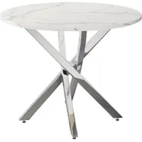 MODFU Eettafel van rundsleder, 80 cm breed, met een marmeren blad, verchroomde zilveren poten en een modern kruisframe. Elegante keukentafel voor de eetkamer, wit/zilver