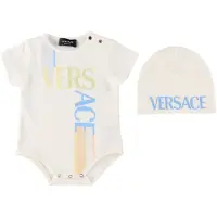 Versace Cadeaubox - Muts/Romper s/s - Wit/Lichtblauw m. Logo - - 9-12 mnd - Rompers Korte Mouw