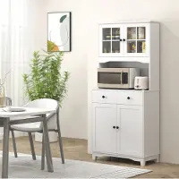 OKWISH Keukenkast – Hoge Kast Met Microgolfoven Vak – 74,5 x 40 x 172 cm – 2 Deuren en 2 Lades – Verstelbare Legplanken – Wit Hout