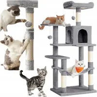Feandrea Grote Kattenkrabpaal XL 143cm met 6 Niveaus, Hammat en Huisje