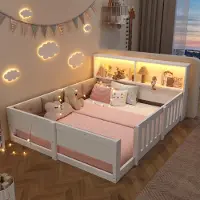 STILVORA vlakke bedbodem 140x200 cm met spijlen en LED-lichtbalk, kinderbed met gevoerde zijkanten, bedframe zonder matras, wit