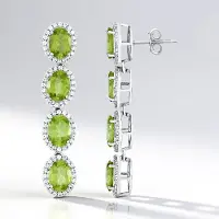 Cavill - Elegante Lange Oorbellen - 925 Sterling Zilver Platina - 8 Ovale Peridoot 9,66 ct & 160 Zirkoon 2,13 ct - Stijlvol voor Dames