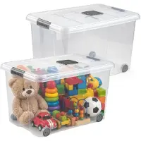 PlasticForte Opslagbox - 2x stuks - met deksel - 55L - 59 x 40 x 35 cm - transparant - opbergbak - met wielen