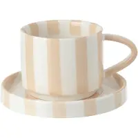J-Line kopje + schoteltje Gestreept - steengoed - lichtbeige/wit - 4 stuks