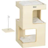 Aosom Paws kattenhok, kattengrot, 2 verdiepingen, inclusief speelgoed, 34 cm x 34 cm x 60 cm, naturel + lichtgrijs