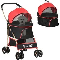 PawHut Hundewagen, 2 in 1 Hundetrolley, Tragetasche, faltbarer Hundebuggy mit Kissen, Katzenwagen für kleine Hunde, Katzen, Katzenbuggy mit 4 Rädern, Netzfenster, Oxfordstoff, Rot