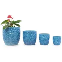 OKWISH Bloempot – Ø30 Cm – Glanzend Blauw – Keramiek – Rond – Voor Binnen En Buiten – Met Afvoergaatje En Hammerschlag Reliëf
