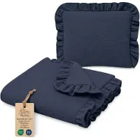 Totsy Baby Katoenen Babydeken Set Set: Babydeken 75x60 cm + Kussen 40x30 cm Katoen Muslin voor Kinderwagen Wieg Ledikant Ademend met Ruches Lichtgewicht Zomerdeken Pasgeboren Marineblauw