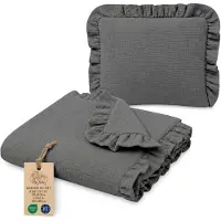 Totsy Baby Katoenen Babydeken Set Set: Babydeken 75x60 cm + Kussen 40x30 cm Katoen Muslin voor Kinderwagen Wieg Ledikant Ademend met Ruches Lichtgewicht Zomerdeken Pasgeboren Donker Grijs