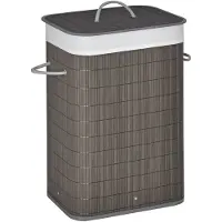 HOMCOM -Wäschekorb-Bambus, Metall-43L x 32B x 61H cm-Grau