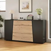 MODFU Dressoir 140 cm, commode met 3 lades, buffetkast met 2 deuren en verstelbare legplanken, woonkamerkast met opbergruimte, zwart met houtlook