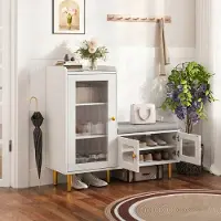 Rosahqnda Moderne schoenenkast voor de hal met bankje, vrijstaande schoenenkast met matglazen deuren met ribbels, 3 verstelbare planken, metalen handgrepen en poten, 100 x 35 x 90 cm