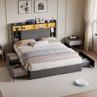 Rosahqnda Gestoffeerd bed 140 x 200 cm, opbergbed met 4 lades, tweepersoonsbed met led- en usb-aansluiting, continentaal bed, grijze linnen stof