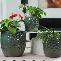 STILVORA Bloempot 4-delige Set Met Glanzend Hamerslagreliëf – Ø 38/30/22,5/18 cm – Keramiek – Donkergroen – Voor Binnen En Buiten – Vorstbestendig