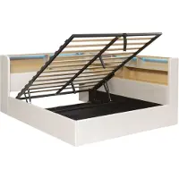 OKWISH dagbed 140x200 met LED-verlichting en opbergruimte in het hoofdeinde, gestoffeerd bed met USB-aansluitingen en bedlade, kinderbed in beige kleur, zonder matras