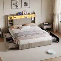 Rosahqnda Gestoffeerd bed 140 x 200 cm, opbergbed met 4 lades, tweepersoonsbed met led- en usb-aansluiting, continentaal bed, beige linnen stof