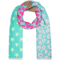 Yehwang Mintgroene Multikleurige Print Sjaal Stars, Hearts & Leopard - Trendy Kleurrijke Dames Sjaals - 185cm x 72cm - Sterren, Hartjes & Leopard Print - Mintgroen