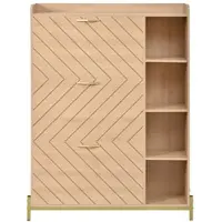 MODFU - Schoenenkast - 3 Klepdeuren En Open Zijvakken - Scandinavisch - Voor Hal - MDF - Naturel - 90 X 24 X 119 Cm