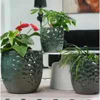 OKWISH Bloempot Rond Ø 18 cm Keramiek Donkergroen Met Hammerschlag Reliëf En Afwateringsgat Voor Binnen