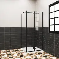 AICA douchecabine 80x76x195cm vouwdeur en vaste zijwand 6mm helder EasyClean veiligheidsglas mat zwarte aluminium frame F-vorm 90cm Stabilisatiestang incl. douchebak