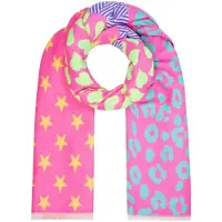 Yehwang Roze Multikleurige Print Sjaal Stars, Hearts & Leopard - Trendy Kleurrijke Dames Sjaals - 185cm x 72cm - Sterren, Hartjes & Leopard Print - Roze