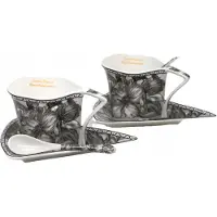 Queen Isabell Luxe Driehoekige Koffiekopjes met Schotels, Zwart Rozenmotief, 2 Stuks