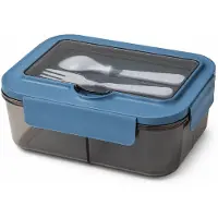 VHV - Lunchbox 1400 ml met 3 Vakken - Lekvrij Afsluitbare Bento Box met Bestek en Kijkvenster - Geschikt voor Magnetron zonder Deksel - Voor Werk, School en Onderweg - Blauw