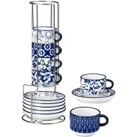 Happiq 6-delige Witte Porseleinen Kopjeset 2.5 oz – Met Schotels en Metalen Houder voor Espresso, Cappuccino, Latte & Thee – Wit