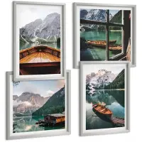 Wallfluent 4-Delige Schilderij Set - Uitzicht Op Een Bergmeer Met Boten, Een Huisje En Een Raam. - 40 x 40 cm En 40 x 60 cm - Muurdecoratie - Interieur Decoratie