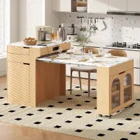 HAUSS SPOLE Keukeneiland Met Uitschuifbare Eettafel En Wielen Met Stekkerdoos En 2 Lades Voor Keuken En Eetkamer Natural 153 Cm