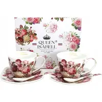 Queen Isabell Porseleinen Theekopjes Set voor 2 Personen met Lepels & Schotels - Bloemen