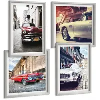 Wallfluent 4-Delige Schilderij Set - Klassieke Auto'S In Verschillende Kleuren Op De Straten Van De Stad. - 40 x 40 cm En 40 x 60 cm - Muurdecoratie - Schilderijen Set - Woonkamer - Wanddecoratie