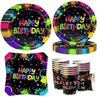 Karma Neonkleurig feestservies voor 16 gasten, 52 stuks Happy Birthday partyborden, neon verjaardagsfeestservies, neonkleurige papieren borden, servetten, bekers, servies voor jongens en meisjes