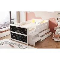 OKWISH Kinderbed 90x200 met een creatief whiteboard, een eenpersoonsbed met 4 lades en een opstapje, en een dagbed in wit, zonder matras