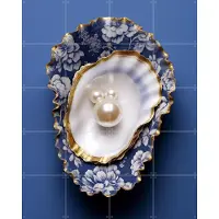 IXXI Delft Blue Flower Pattern Oyster with Gold and Pearls, OTTI - 80 x 100 cm - Grote wanddecoratie en posters - Klassiek, Woonkamer, Slaapkamer