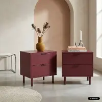 Sweeek Nachtkastje met 2 lades houtdecor en metaal (set van 2) Bordeauxrood