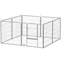 PawHut Puppyren, 80 cm hoog, 8-delige hondenren met riem en deur, zilverkleurig