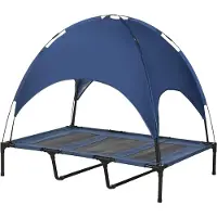 PawHut huisdierbed met luifel, verhoogd hondenbed, buiten gebruik, donkerblauw